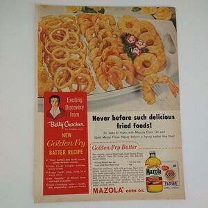 1958 Mazola Golden Fry‎ Batter Vtg Magazine Print Ad Betty Crocker Recipe Shrimp